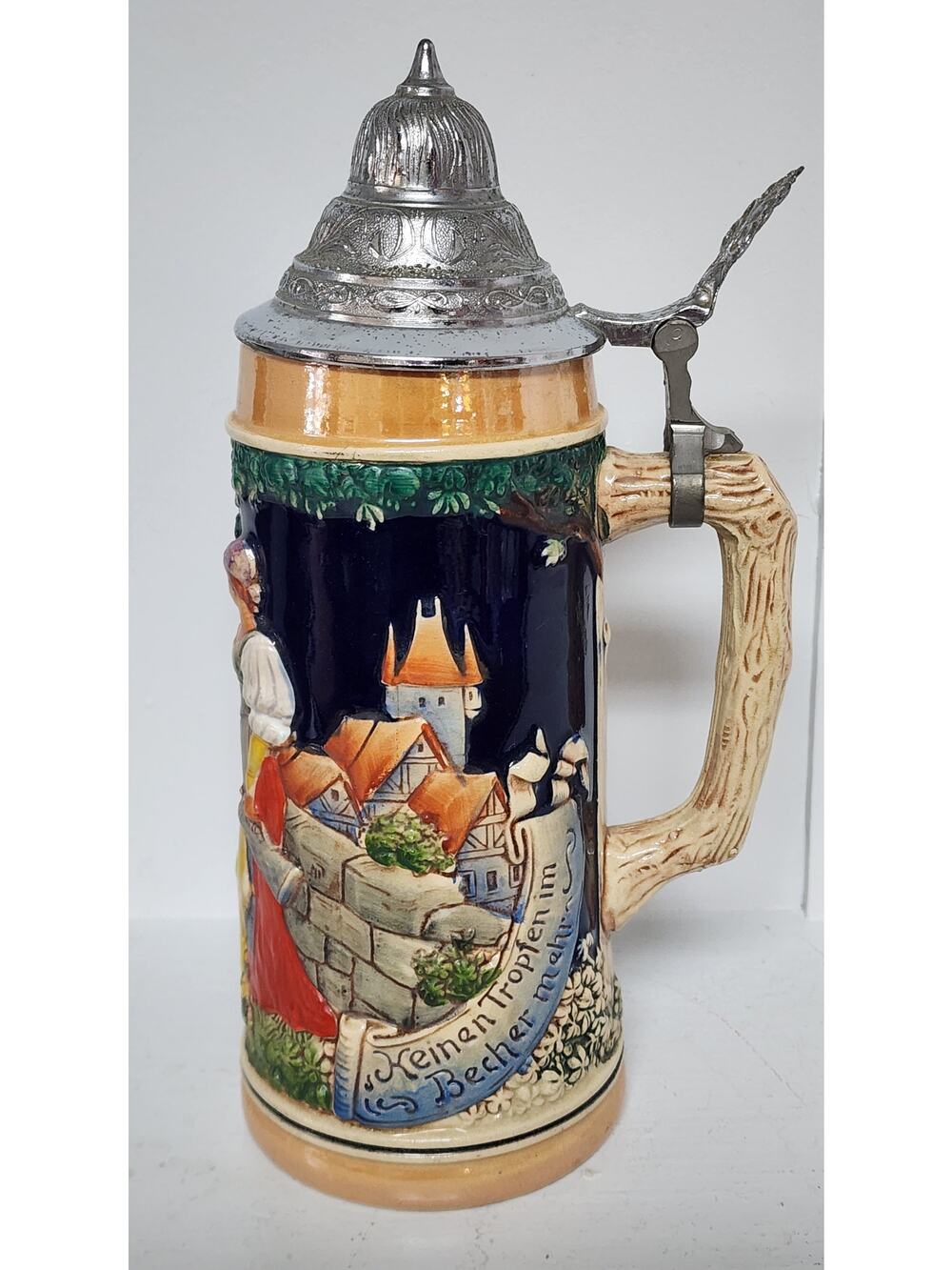 Vintage German Beer Stein Pewter Lid Hand Painted Relief 9.5" Heavy Ceramic